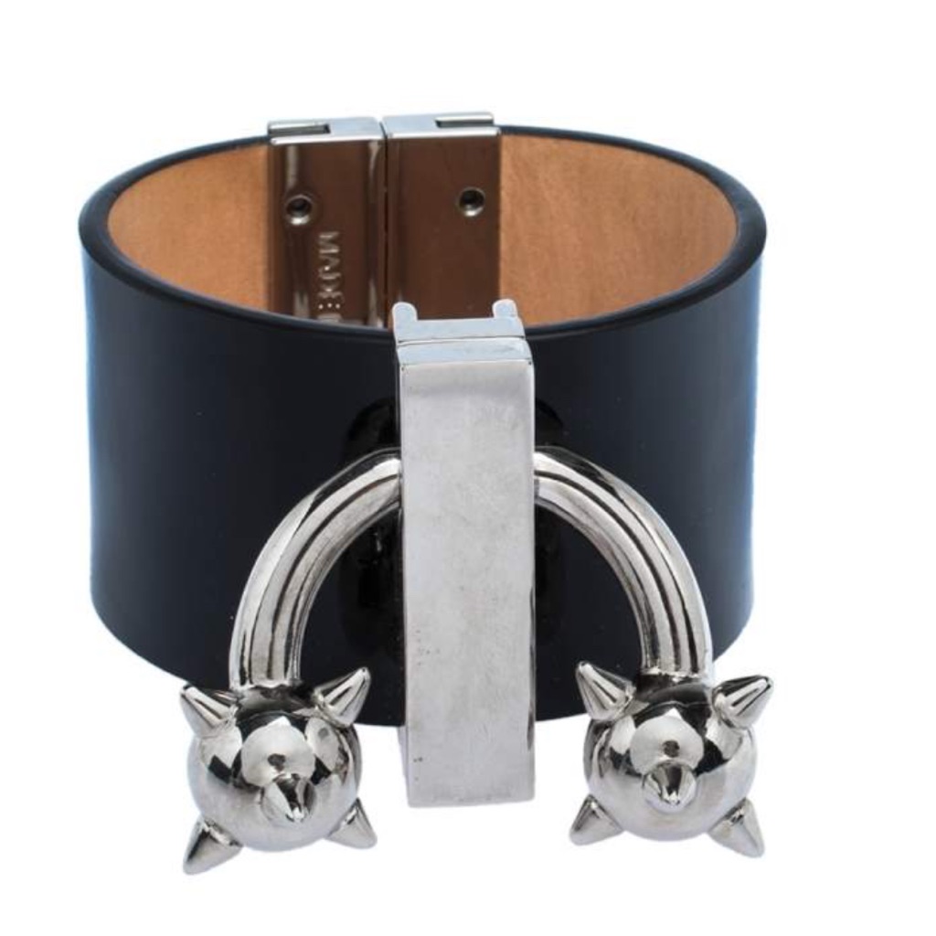 Dsquared2 Black Leather Pierce Me Wide Cuff Bracelet Size Small